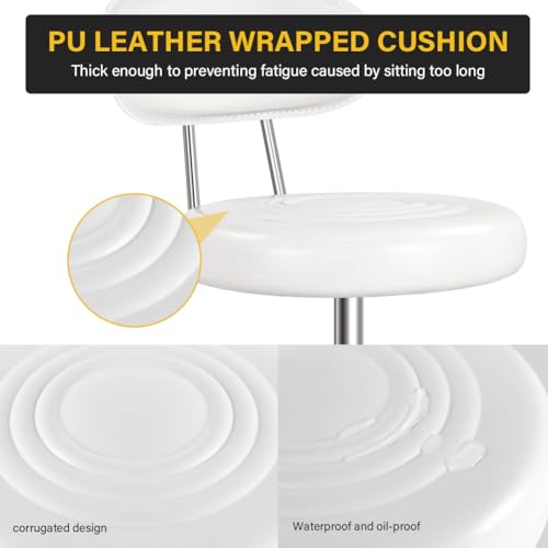 WKWKER Rolling Stool with Wheels Swivel Stool with Back Height Adjustable Chair PU Leather Rolling Chair Ideal for SPA Salon Home Office Drafting Work (White) WKWKER