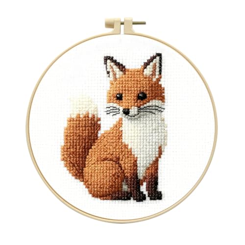 Zhenqing Fox Cross Stitch Kit for Beginners, 11CT Printed 20x20cm with 16cm Hoop, Cute Animal Embroidery Set(70736)