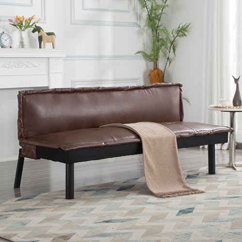 Brown Faux Leather Sofa Bed with Full Size Futon Frame, Convertible Reclining Couch with Tufted Backrest, Compact Sleeper Loveseat for Living Room, Guest Room, or Office – 64.6” (PU Leather, Brown) LIMNGZMEENN