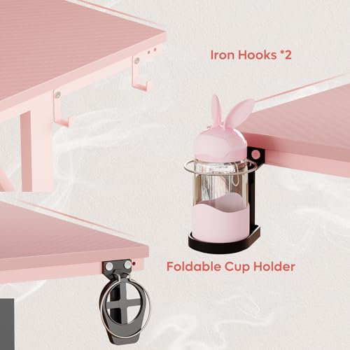 Bestier Small Gaming Desk with Monitor Stand, 42 inch LED Computer Desk, Gamer Workstation with Cup Holder & Headset Hooks, Modern Simple Style Desk for Home Office, Carbon Fiber Pink Bestier