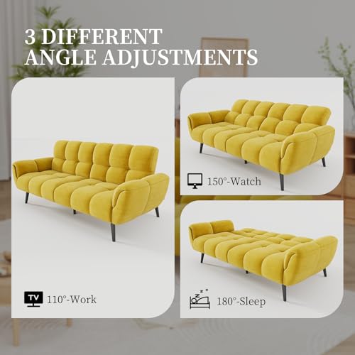 HIPIHOM Convertible Futon Sofa Bed, 76.77" Modern Linen Futon Couch, Comfy Sleeper Sofa with Adjustable Backrests, Couch Bed for Small Spaces, Living Room, Bedroom, Apartment, Yellow HIPIHOM