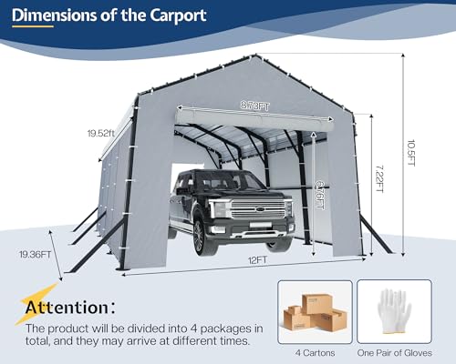 Jocisland 12x20x10.5 FT Heavy Duty Metal Carport, All-Weather Car Canopy with Waterproof Removable Sidewalls, Galvanized Steel Roof & Reinforced Base, Car Shelter for Cars, Boats, Trucks Jocisland