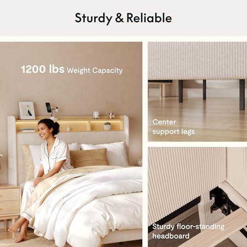 FLEXISPOT 51” King Bed Frame with LED Lights, Charging Station & Storage Shelf, Elegant Corduroy Upholstered Platform Bed with Tall Wingback Headboard, No Box Spring Needed, Beige FLEXISPOT
