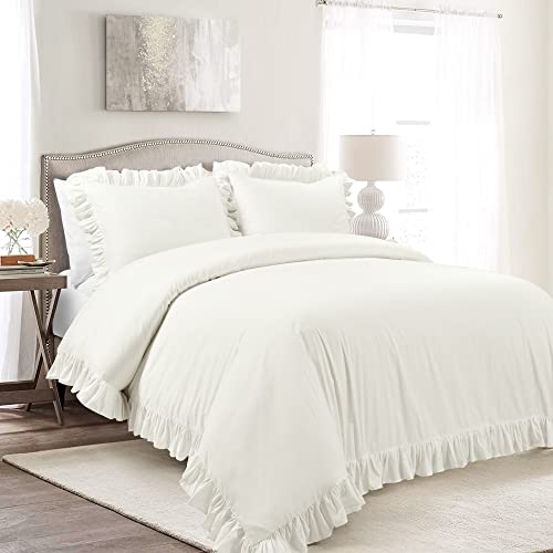 Lush Decor Reyna Ruffle Cotton Duvet Cover Set 3 Piece Set King, Pure White - King Size Bedding Set - White Duvet King- Ruffled Bedding - Coquette Decor Lush Decor