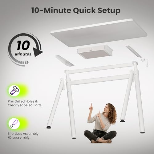 WALKINGDESK Standing Desk, 4-Leg Pneumatic Adjustable Desk for Walking Pad Treadmill - Stable No Wobble Fixed Frame, 32” Computer Desk with Fabric Drawer for Home Office, Gaming Desk, White WALKINGDESK