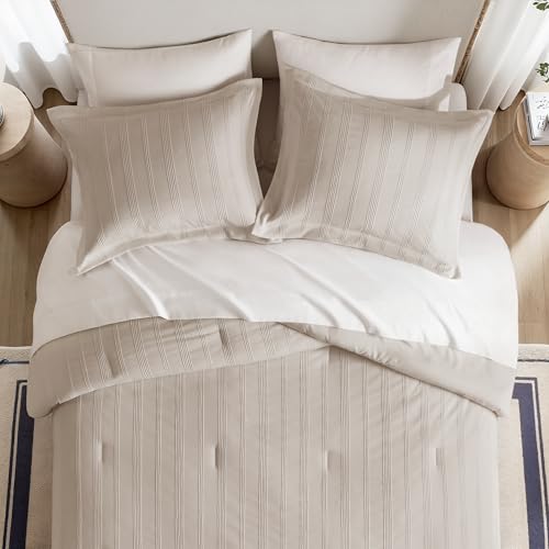 Madison Park Essentials Striped Comforter Set Queen, 7 Pieces Modern Minimalist Jacquard Bedding Set for All Season, Bed in A Bag with Sheet Set and Soft Brushed Reverse, Lightweight Neutral Madison Park Essentials