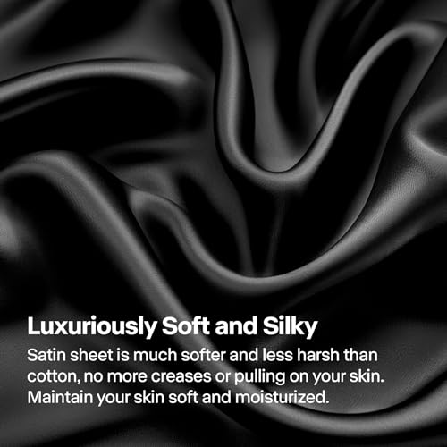 BEDELITE Satin Sheets Twin XL Size Bed Set, Luxury Soft Black Silky Sheets for Hair and Skin, Similar to Silk Bed Sheets Set 3 Pieces with 1 Deep Pocket Fitted Sheet, 1 Flat Sheet, and 1 Pillowcase BEDELITE