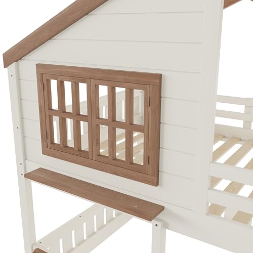 Harper & Bright Designs Full Over Full House Bunk Bed with Window and Roof, Solid Wood Low Bunk Beds with Bookshelf, Ladder and Guardrail, Space Saving for Boys and Girls, Beige & Natural Harper & Bright Designs