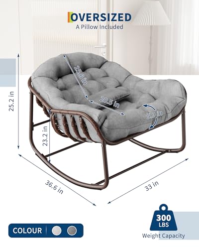 GarveeLife Outdoor Papasan Rocking Chair, Oversized Wicker Lounge Chair with Cushion and Metal Frame, Patio Rattan Egg Rocker for Balcony Backyard Porch Bedroom, Grey