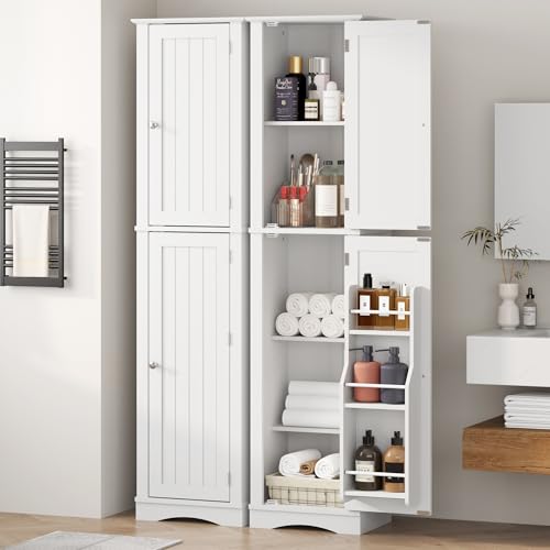 Function Home Tall Bathroom Storage Cabinet, 64" Slim Kitchen Pantry with Door Storage, Narrow Wood Freestanding Cabinets with Adjustable Shelves for Kitchen Living Room Dining Room, White Function Home