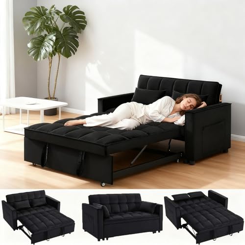 SUNPOKUILN 70" 3-in-1 Velvet Sleeper Sofa Bed, Convertible Pull Out Couch w/Adjustable Back, Armrests & Storage. Modern Black Futon for Living Room, Bedroom, Small Space - 2 Pillows Included Black SUNPOKUILN