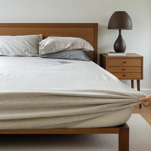 QKTE 100% Natural Linen Sheets Set 4 Piece - Washed Linen Bedding Set with 16" Deep Pocket Fitted Sheet, Flat Sheet & 2 Pillowcases, Breathable Durable for All Seasons (Linen, Queen) QKTE