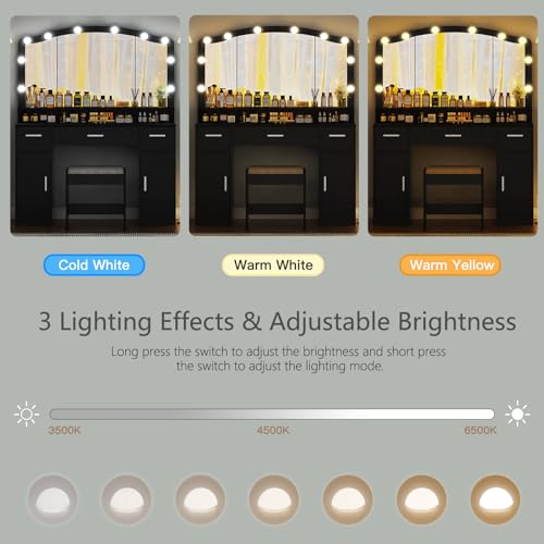 usikey Makeup Vanity with Lights, Vanity Desk, Makeup Vanity Table with 3 Drawers, 2 Cabinets & Long Storage Shelf, 10 Led Lights, Dressing Vanity Table with Stool, for Women, Girls, Bedroom, Black usikey