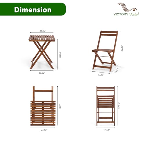 VICTORY RELAX Bistro Table and Chairs Set of 3, Folding Acacia Wood Patio Bistro Set with Square Table, Suitable for Balcony, Garden, Poolside, Yard, Camping VICTORY RELAX