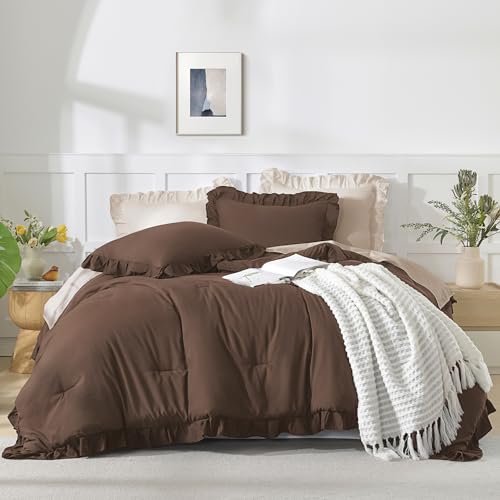 Andency Brown Comforters Queen Size, 3 Pieces Solid Shabby Chic Farmhouse Bedding Comforters & Sets, Lightweight Fluffy All Season Soft Down Alternative Bed Set for Women Men Andency
