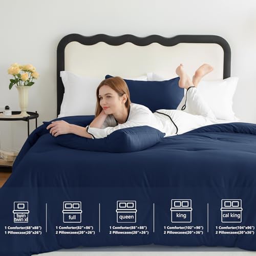 CozyLux Navy Blue Full Size Comforter Set, 3 Pieces Solid Breathable Quilted Style Bedding Sets, Luxury Fluffy Soft Bed Set with Down Alternative Comforter for All Season (1 Comforter & 2 Pillowcases) CozyLux