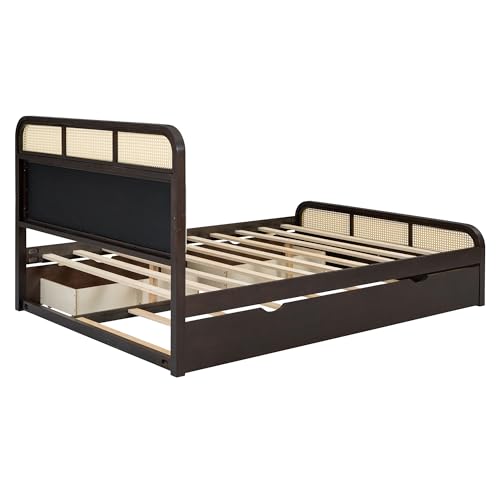 Ball & Cast Queen Wooden Platform Bed with Pull Out Trundle & Storage Drawers,Classic Bedframe W/Luxurious Padding Headboard,Rattan Accent,Modern Furniture for Bedroom Guest Room Apartment,Espresso Ball & Cast