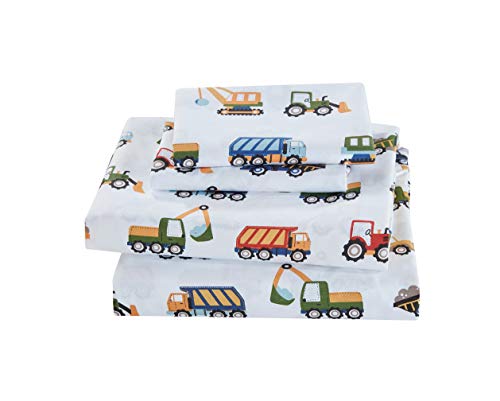 Linen Plus Sheet Set for Kids Construction Tractors Excavators Loaders Dump Trucks Compactors White Blue Red Green Yellow Grey Flat Fitted and Pillow Cases Full Size New Linen Plus