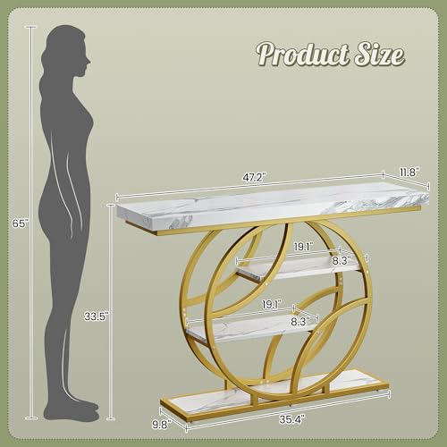 Huuger 47.2 Inch Entryway Table with Marble Top, Modern Console Sofa Table, Accent Table with Shelves, for Entry, Hallway, Entrance, Foyer, O-Shaped Metal Frame, White Marble & Gold Huuger
