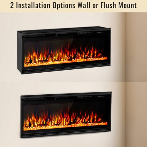 TUAN Electric Fireplace Inserts, Ultra Thin Wall Mounted Fireplace with Remote Control, Multicolor Realistic Flame, Touch Screen, Thermostat, Timer, 750w/1500w (Log & Crystal Included) (60 inch) TUAN
