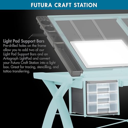 SD STUDIO DESIGNS Futura Craft & Drawing Table with Adjustable Tempered Safety Glass Top – Modern Art Desk with Storage Drawers, Pencil Ledge, Glossy Sage/Clear Glass SD STUDIO DESIGNS