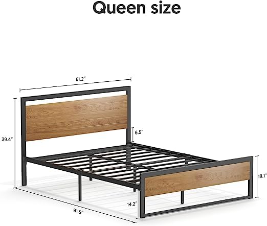 BONSOIR Queen Size Steel Platform Bed Frame with Wooden Headboard and Footboard BONSOIR