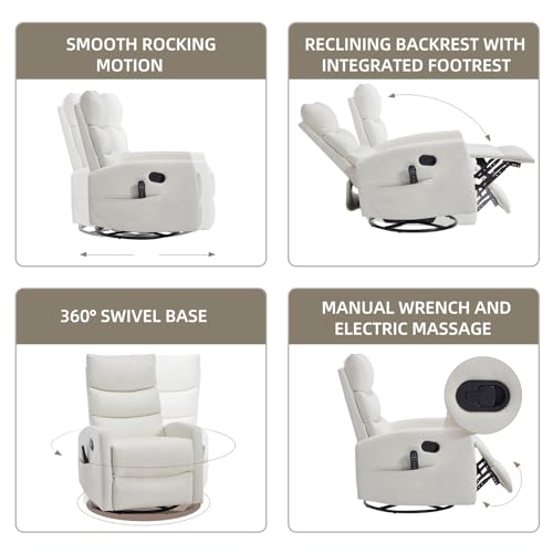 PELUMY 360° Swivel Rocker Recliner with Heat & Vibration Massage, Glider Rocking Chair for Adults, Compact Recliner for Living Room, Small Spaces, Nursery, Bedroom (Breathable Leather, White)