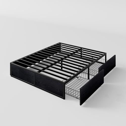 SHA CERLIN Full Platform Bed Frame with 2 Large Storage Drawers - Heavy Duty Metal & Rustic Wood, Noise-Free, No Box Spring Needed, Black SHA CERLIN
