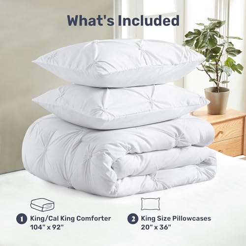 UNIKOME King Size Comforter Set White - Ultra Soft Boho Pintuck Down Alternative Bedding Set for All Seasons, 3 Pieces Lightweight Warm Pinch Pleat Bed Set with Comforter, 2 Pillowcases UNIKOME