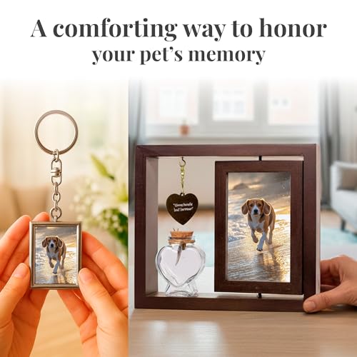 Pets in Time Dog Loss Memorial Frame – Pet Memorial with Ashes Keepsake, Rotating Double-Sided Photo Display for Dog or Cat, Pet Remembrance with Charm & Keychain