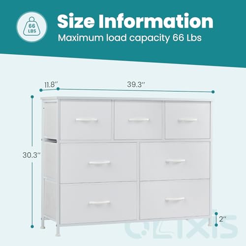 OLIXIS Dresser for Bedroom, 7 Storage Drawers, Wide Fabric Closet Chests Organizer Tower Furniture, TV Stand with Wooden Top Metal Frame for Clothes, Living Room, Hallway, Entryway, Classic White OLIXIS