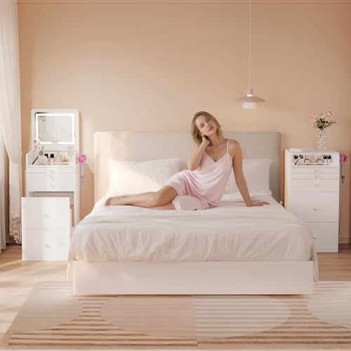 VOWNER 3-in-1 Vanity Desk with Flip Top LED Light Mirror and Glass Desktop, Small Makeup Vanity with 3 Drawers, Compact Dressing Table with Stool for Bedroom, White 19" L VOWNER