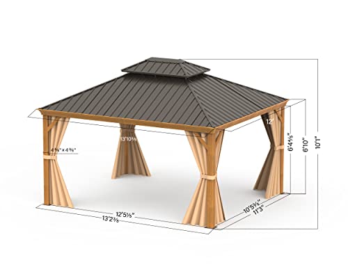 Domi 12x14FT Hardtop Gazebo with Netting & Curtains, Outdoor Aluminum Frame Gazebo with Galvanized Steel Double Roof, Outdoor Permanent Metal Pavilion for Patio Deck Lawn and Garden, Wood-Looking domi outdoor living