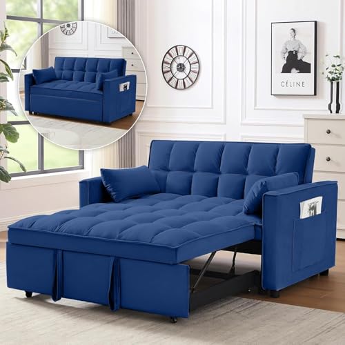 tiramisubest Sleeper Sofa Bed,55'' Convertible Pull Out Couch with Side Pockets,Velvet Fabric Loveseat Sleeper Sofa with Adjustable Backrest for Living Room,Apartment(Blue) tiramisubest