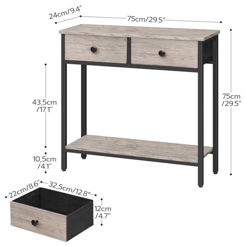 HOOBRO 29.5" Narrow Console Table with 2 Fabric Drawers, Small Entryway Table with 2-Tier Storage Shelves, Sofa Table, Behind Couch Table, for Living Room, Hallway, Greige and Black BG71XG01 HOOBRO