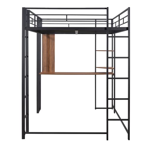 Bellemave Full Size Loft Bed with Desk and 2 Shelves, Metal Loft Bed Frame with 2 Ladders and Guardrails for Kids Teens (Black/Full) Bellemave