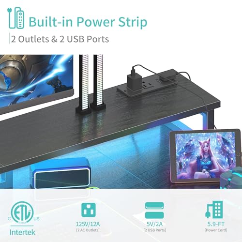 Lufeiya Gaming Desk with LED Lights and Storage Shelves, 47 inch Computer Desk with Power Outlets, Home Office Desk with Monitor Stand, Writing Table PC Desks, Black Lufeiya