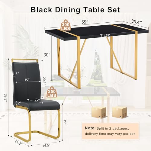 55" Dining Table Set for 4, Black Dining Table Set for 4, 1.5" Black Glossy Wood Tabletop with Golden Metal Legs, Modern Dinner Table Set with 4 Faux Leather Chairs for Kitchen,Apartment,Small Space Iopirbu