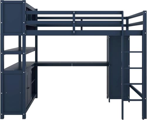 Bellemave Full Size Wood Loft Bed with L-Shaped Desk and Wardrobe,Wooden Loft Bed Frame with Bookshelf and Bookcase Headboard for Kids Teens Adults,Dark Blue Bellemave