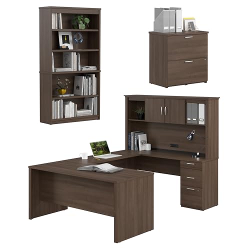 Bestar Logan 66W U-Shaped Desk with Hutch, Lateral File Cabinet, and Bookcase in Antigua Bestar