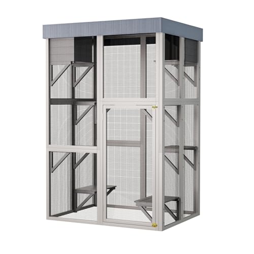 YOPTO 70.5" H Catio Outdoor Cat Enclosure,Cat House with Waterproof Roof and Large Enter Door,Wooden Shelter W/ 6 Jumping Platforms & 2 Napping Houses,Cats Cage for Walk in Kitten Kennel,Gray YOPTO