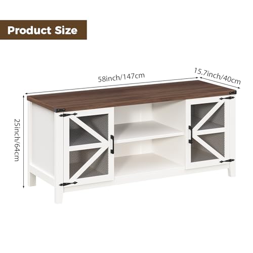 Algglobuy Modern Farmhouse Tv Stand for TVs up to 70 Inch, 58 Inch Entertainment Center with Iron Mesh Door & 2 Adjustable Shelves, Media TV Console Table for Living Room, White (White, 58 Inch) Algglobuy
