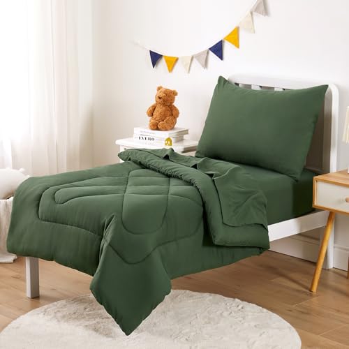Wake In Cloud - Toddler Bedding Set for Boys Girls, 4 Pieces Soft Crib Bed Set Including Comforter, Sheets and Pillowcase, Olive Green Wake In Cloud