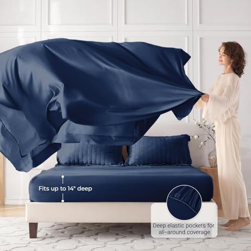 MUXHOMO 7 Pieces Queen Comforter Set, Seersucker Bed in a Bag Queen Size, All Season Luxury Bedding Set with Comforter, Flat Sheet, Fitted Sheet, Pillowcases & Shams, Navy Blue MUXHOMO