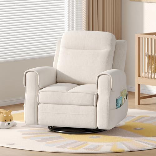 Maupvit Faux Shearling Recliner Chair - 360° Swivel Rocker with Adjustable Footrest and Backrest, Plush Upholstered Single Sofa for Small Spaces, for Living Room/Nursery/Home Theater (White)