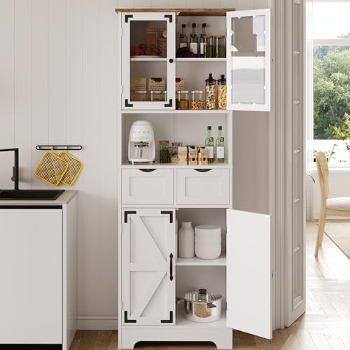 Maupvit 67" Tall Bathroom Storage Cabinet with 4 Doors & 2 Drawer, Freestanding Pantry Cabinet, Linen Storage Cabinet with Adjustable Shelves for Living Room, Kitchen, White Maupvit
