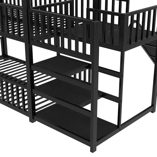 Bellemave Twin Over Twin Bunk Bed with Slide, Kids House Floor Bunk Bed with Storage Stairs and Full Length Guardrail, Heavy Duty Bunk Beds for Girls, Boys, Black Bellemave