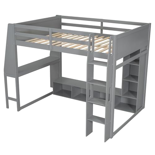 Full Size Gaming Loft Bed with Desk & RGB Light & Open Wardrobe,Wooden Loft Bed Frame with Storage Shelves,Safety Guardrails,Ladder and Under Bed play Space for Teens Adults,No Box Spring Needed,Grey Harper & Bright Designs