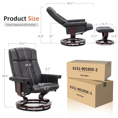 MCombo Manual Swivel Recliner with Ottoman, Chair Ottoman Set for RV Small Spaces, Living Room, Bedroom, Office 9019 4919 (Faux Leather, Dark Grey)