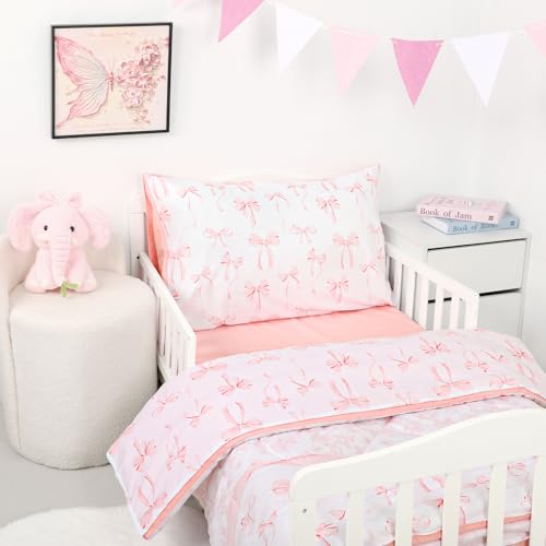 DAYEEBALL 4 Piece Toddler Bedding Set, Ultra Soft and Breathable Toddler Comforter Sets for GirlsIncludes Quilted Comforter, Fitted Sheet, Flat Sheet and Pillowcase, Pink Bow DAYEEBALL